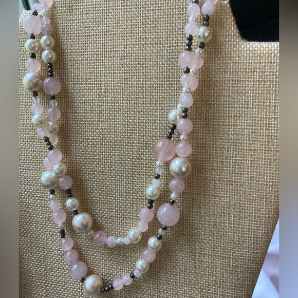 Vintage Faux Pearls & Rose Quarts 34” Long Necklace - Picture 3 of 5